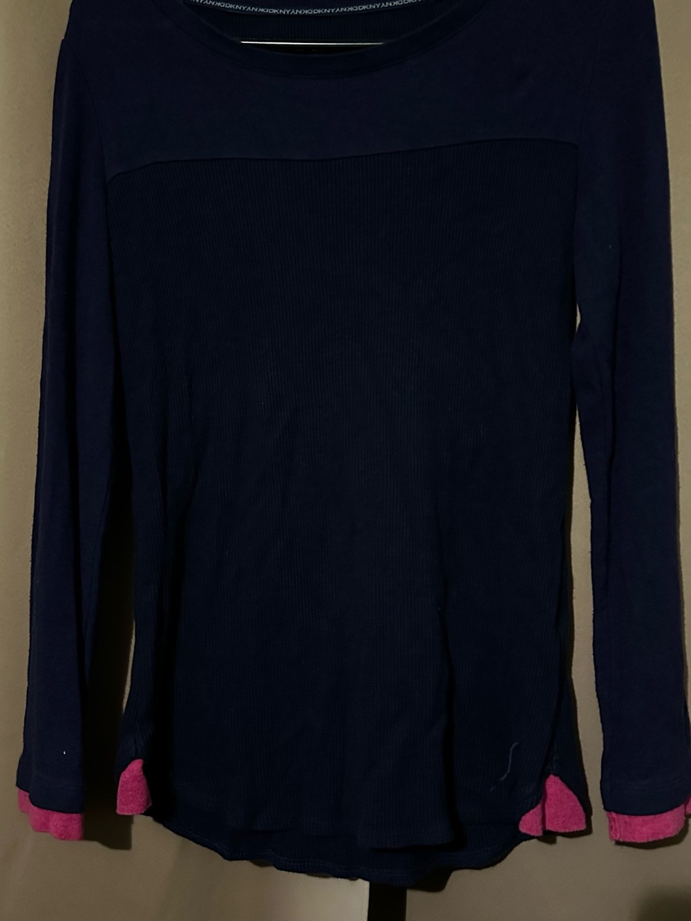 DKNY Navy Long-Sleeve Crewneck Sweater with Pink Cuff Detail